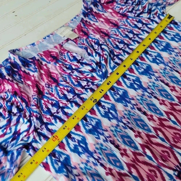 Chico’s Pastel Ikat Print Keyhole Short Dress Warm Multi Size 0 Small Blue Pink - Picture 2 of 12